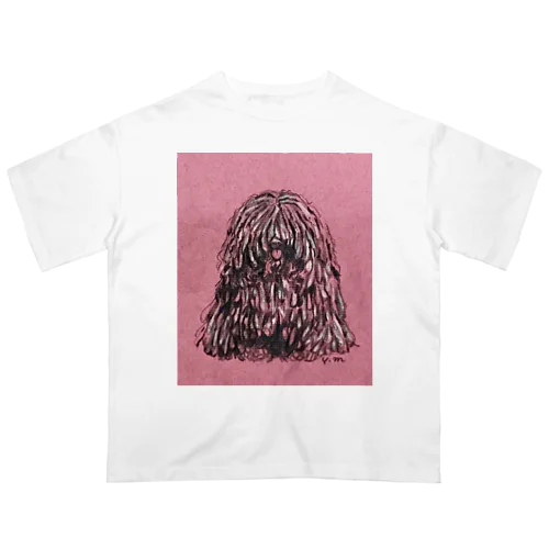 かしこいプーリー犬 (ピンク地)色鉛筆 puli illustration  オーバーサイズTシャツ