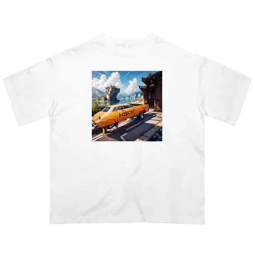 00036-A vintage yellow car with the word NEBOY written on it. The car is parked in front of a wooden building and near a cl Oversized T-Shirt