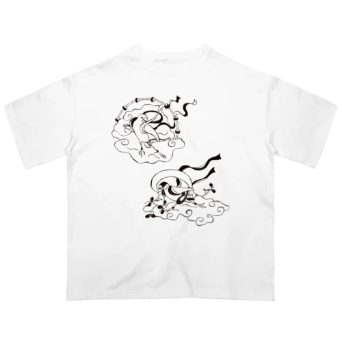 文鳥風神雷神図　モノクロ オーバーサイズTシャツ