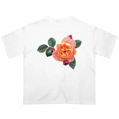 【ロマン】蕾と葉のついたオレンジピンクの薔薇 オーバーサイズTシャツ