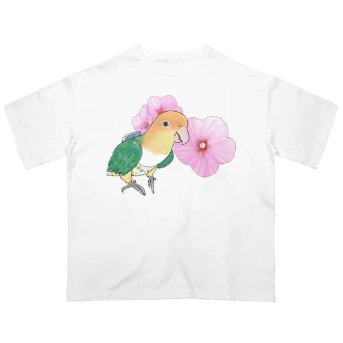 お花とシロハラインコちゃん【まめるりはことり】 オーバーサイズTシャツ