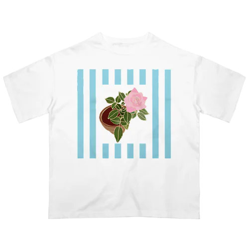 ミニバラ（ピンク）ストライプ柄　Miniature Pink Rose in Blue Stripes オーバーサイズTシャツ