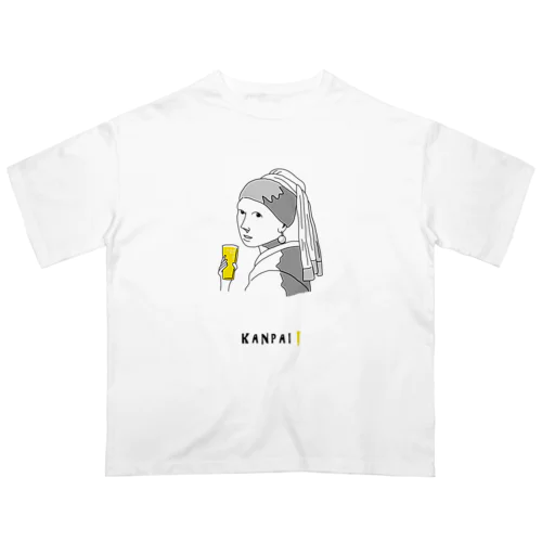 名画 × BEER（真珠の耳飾りの少女）黒線画 オーバーサイズTシャツ