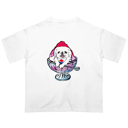 かき氷ワンちゃん　氷イチゴ　ペキニーズ　ホワイト オーバーサイズTシャツ