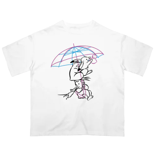 鳥獣戯画(ポップ/雨傘) オーバーサイズTシャツ