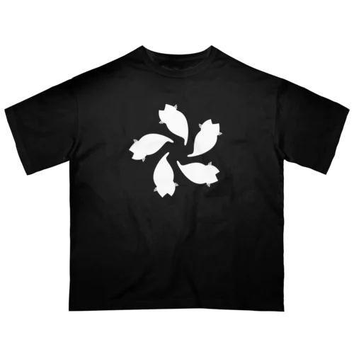 動物家紋。H.T.さくら5ネコ　白 Oversized T-Shirt