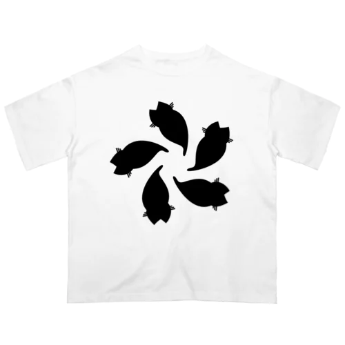 動物家紋。H.T.（変わり散り桜５ネコ）黒 オーバーサイズTシャツ