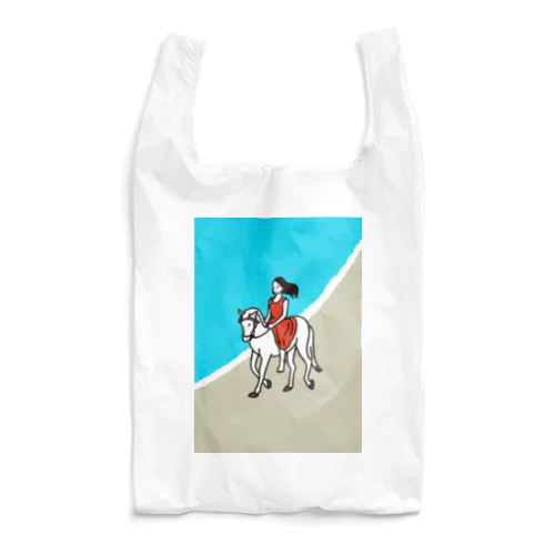 赤いワンピースの女の子と白馬 海辺 Reusable Bag