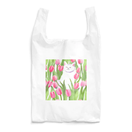 チューリップと白猫ちゃん Reusable Bag