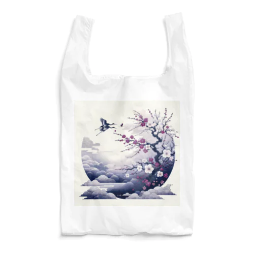 白背景の和風夜景 - 月と梅と鶴 Reusable Bag