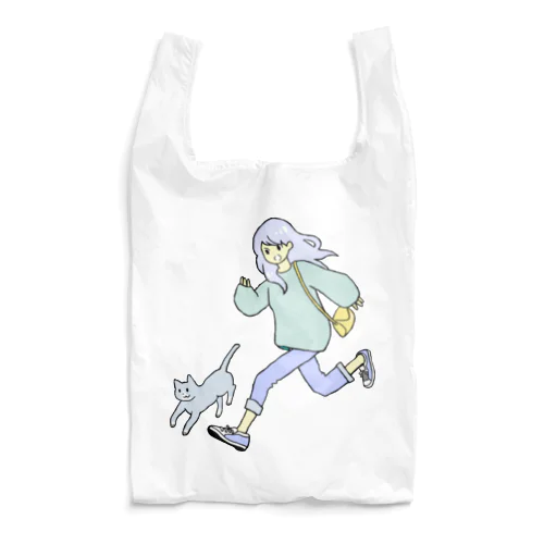 女の子と猫走る Reusable Bag