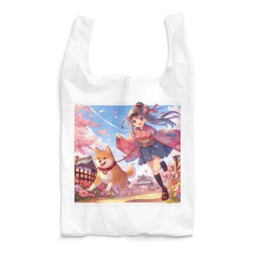 桜の中を犬と走る女の子 Reusable Bag