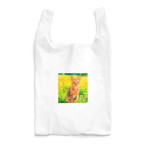 猫の水彩画/花畑のオシキャットねこのイラスト/キジトラネコ エコバッグ