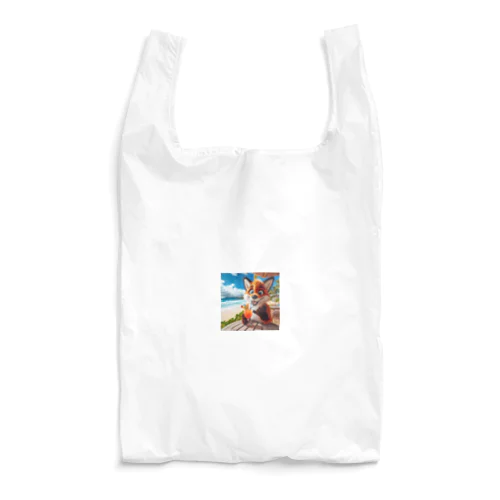 ハワイのリゾートビーチでトロピカルドリンクを飲んでいる陽気なキツネ① Reusable Bag