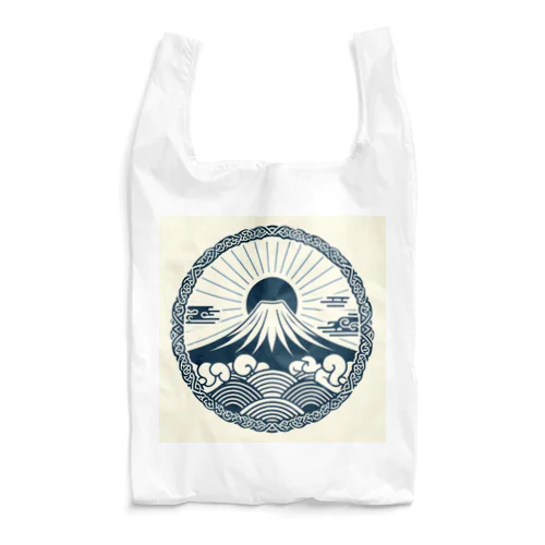 Minimalist Traditional Japanese Motif Featuring Mount Fuji and Seigaiha Patterns Reusable Bag