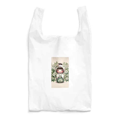 kokeshi dolls白い花 Reusable Bag