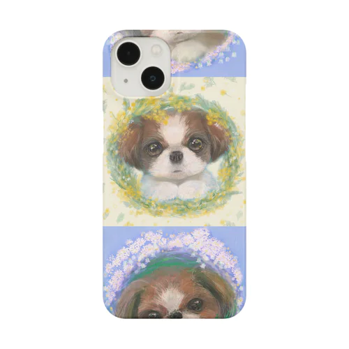 かわいいシーズー犬と雪柳とミモザのフラワーリース Smartphone Case