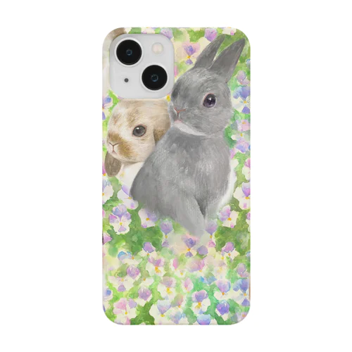 パンジーのお花畑とかわいいうさぎたちのシームレスパターンイラスト Smartphone Case