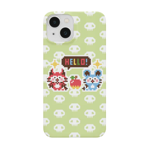 デビねこくんとデビねずちゃんとリンゴのドット絵 緑色 スマホケース Smartphone Case