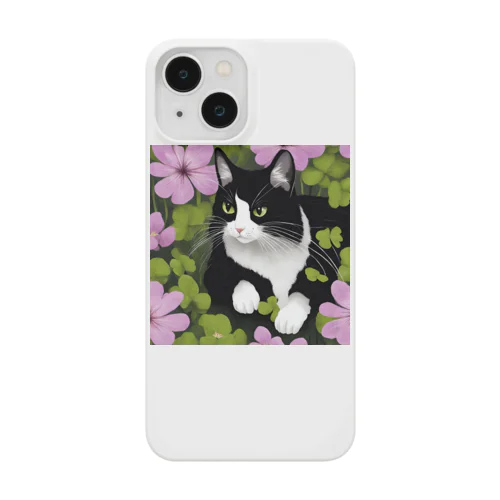 ハチワレ白黒猫とオキザリス Smartphone Case