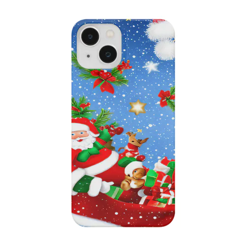 雪降るクリスマスイブにプレゼントを配達するサンタクロースとトナカイ Smartphone Case