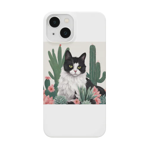 ハチワレ白黒猫とサボテン Smartphone Case