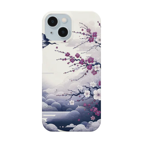 白背景の和風夜景 - 月と梅と鶴 Smartphone Case