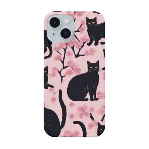 黒猫と桜 スマホケース