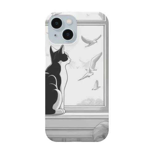 窓辺で鳥を見つめている猫 Smartphone Case