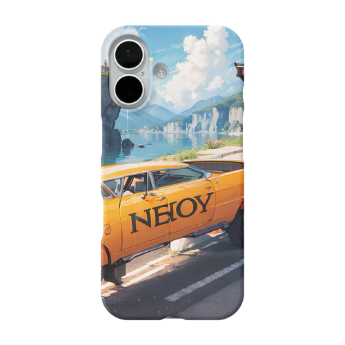 00036-A vintage yellow car with the word NEBOY written on it. The car is parked in front of a wooden building and near a cl iPhone Smartphone Case