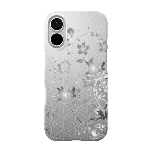 フラワーオブライフ【幸運、運気アップ】iPhoneケース、かっこいい花柄シルバー iPhone Smartphone Case