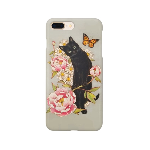 ピンクの牡丹と黒猫 Smartphone Case