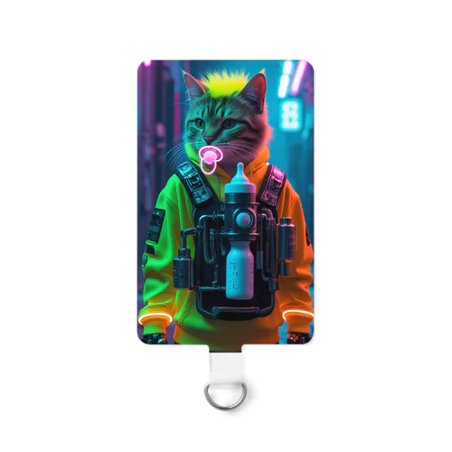 ネオンパーカーのトレンディ猫｜Trendy Cyber Cat with Neon Hoodie & Mech Bottle Smartphone Strap