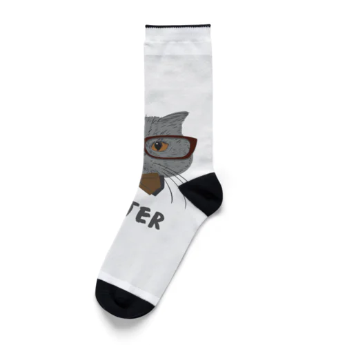 Grey Illustrated Cat Hipster T-Shirt Socks