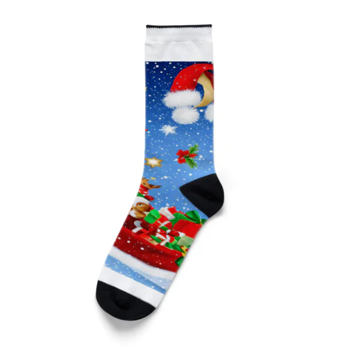 雪降るクリスマスイブにプレゼントを配達するサンタクロースとトナカイ Socks