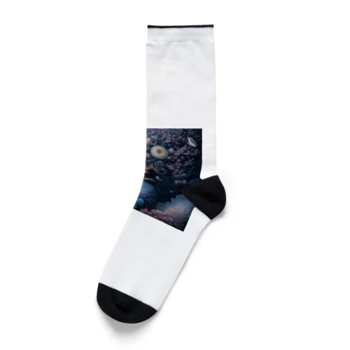 「夜桜の幻想：桜の精霊」 - "Night Sakura Fantasia: Spirit of the Cherry Blossom" Socks