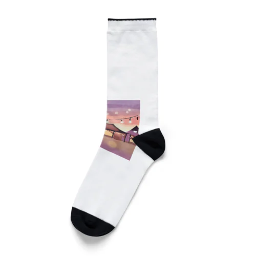 オープンテラスと釣り照明の輝きで夕暮れの美を彩る水彩アート Socks