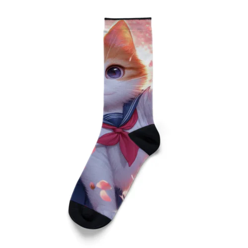 桜咲く華の学生猫 hana Socks