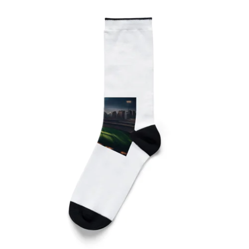 空にそびえる高層ビルとスポーツスタジアムの壮大な景色。 Socks