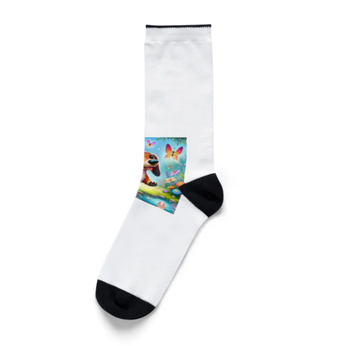 華やかな庭園に住む魔法をかけられたダックスフンド Socks