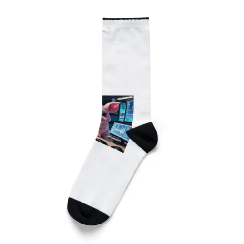 データを分析するミニブタ Socks