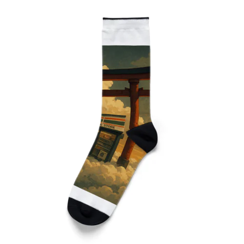 空に浮かぶ鳥居の中にあるコンビニ Socks
