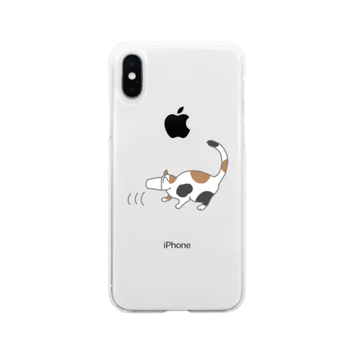 紙コップから頭が抜けず後ずさりする猫 Soft Clear Smartphone Case