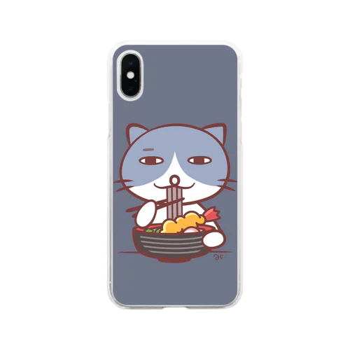 そばを食べるネコ（はいいろ） Soft Clear Smartphone Case