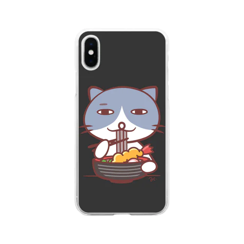 そばを食べるネコ（くろ） Soft Clear Smartphone Case