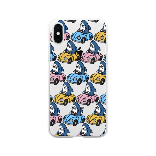 カラフルな車に乗るサメの群れ Soft Clear Smartphone Case