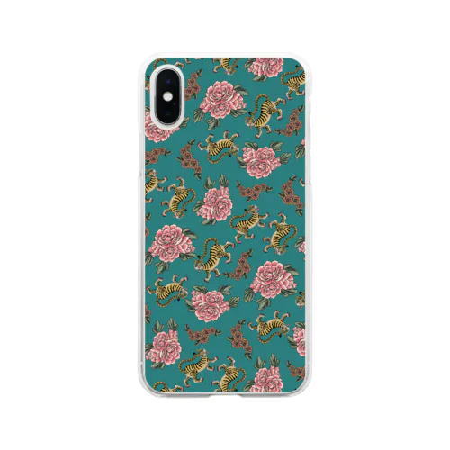 お花と虎ちゃん（緑） Soft Clear Smartphone Case