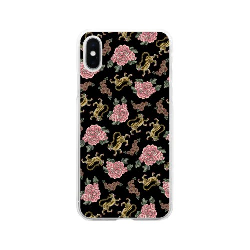 お花と虎ちゃん（黒） Soft Clear Smartphone Case