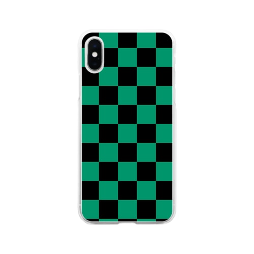 市松模様 (黒/緑) Soft Clear Smartphone Case