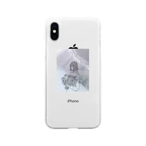 花束を持つ女の子　【線画】 Soft Clear Smartphone Case